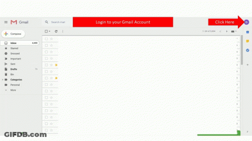 A Screenshot Of A Gmail Account With A Red Button That Says Login To Your Gmail Account Click Here GIF