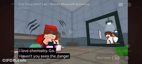 A Screenshot Of A Minecraft Video That Says " I Love Chemistry Go Haven 'T You Seen The Danger " GIF