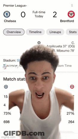 A Screenshot Of A Soccer Game Between Chelsea And Brentford With A Man Making A Funny Face GIF