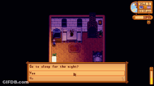 A Screenshot Of A Video Game Asking The Player To Sleep For The Night GIF