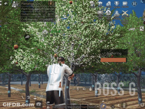 A Screenshot Of A Video Game Called Boss G Shows A Man Picking Apples From A Tree GIF