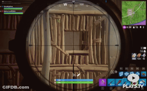 A Screenshot Of A Video Game Called Fortnite Shows A Sniper Aiming At A Building GIF
