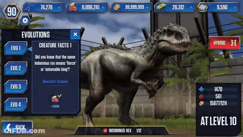 A Screenshot Of A Video Game Called Jurassic World Showing A Dinosaur At Level 10 GIF