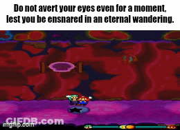 A Screenshot Of A Video Game Says Do Not Avert Your Eyes Even For A Moment Lest You Be Ensnared GIF
