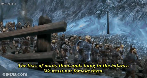 A Screenshot Of A Video Game Says The Lives Of Many Thousands Hang In The Balance We Must Not Forsake Them GIF
