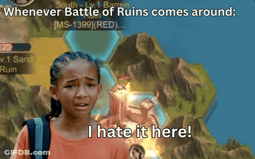 A Screenshot Of A Video Game Says Whenever Battle Of Ruins Comes Around GIF