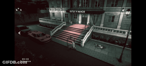 A Screenshot Of A Video Game Showing The Entrance To A Manor GIF