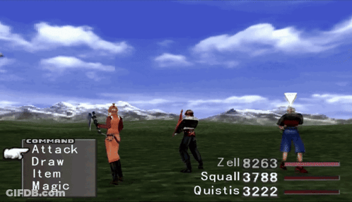 A Screenshot Of A Video Game Shows A Battle Between Zell 8263 And Quistis 3223 GIF
