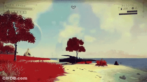 A Screenshot Of A Video Game Shows A Beach And Trees GIF
