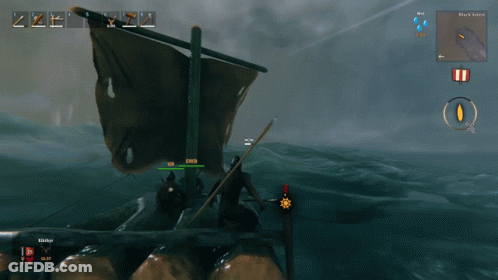 A Screenshot Of A Video Game Shows A Boat In The Ocean With A Black Barrel In The Distance GIF