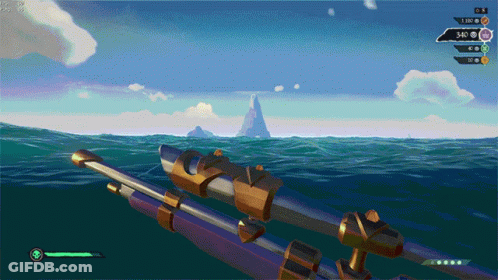 A Screenshot Of A Video Game Shows A Boat In The Ocean With A Mountain In The Distance GIF