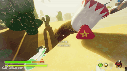 A Screenshot Of A Video Game Shows A Cactus And A Red Object With A Star On It GIF