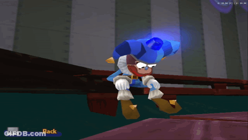 A Screenshot Of A Video Game Shows A Character Jumping In The Air With The Back Button Visible GIF