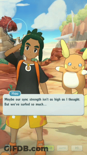 Video Game Screenshot Of Hau Talking To Raichu GIF