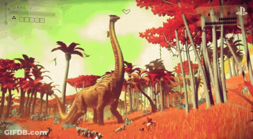 A Screenshot Of A Video Game Shows A Dinosaur In A Field With Palm Trees GIF