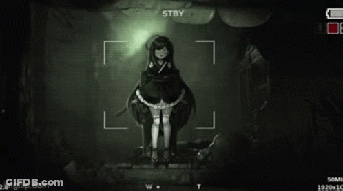 A Screenshot Of A Video Game Shows A Girl In A Kimono Standing In A Dark Room .. GIF