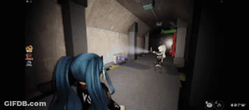 A Screenshot Of A Video Game Shows A Girl With Blue Hair Holding A Gun GIF