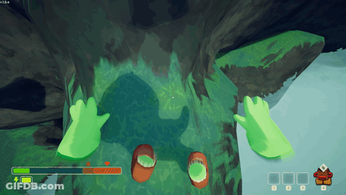 A Screenshot Of A Video Game Shows A Glowing Green Glove And A Glowing Red Glove GIF