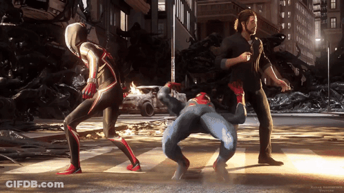A Screenshot Of A Video Game Shows A Group Of Superhero Characters Including Spider-Man GIF