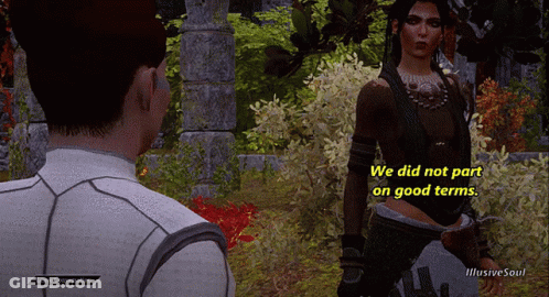 A Screenshot Of A Video Game Shows A Man And A Woman Talking And The Woman Says We Did Not Part On Good Terms GIF