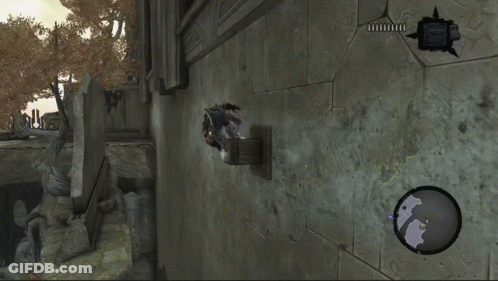 A Screenshot Of A Video Game Shows A Man Flying Through The Air With A Gun GIF