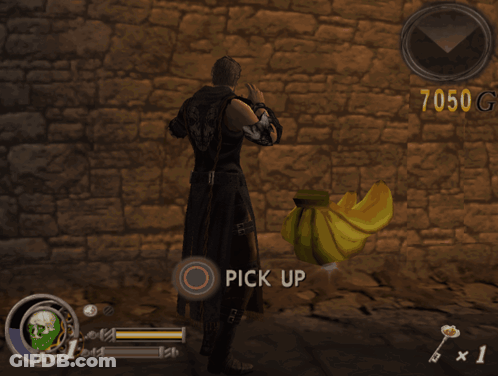 A Screenshot Of A Video Game Shows A Man Holding A Banana And A Pick Up Button GIF