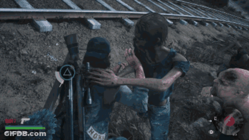 A Screenshot Of A Video Game Shows A Man Holding A Woman In His Arms GIF