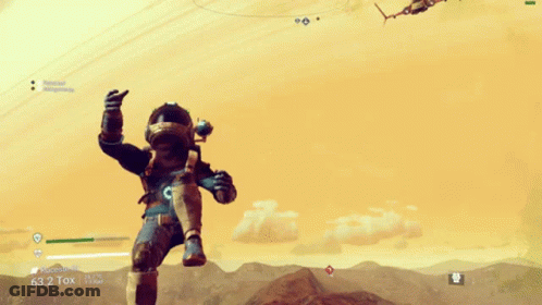 A Screenshot Of A Video Game Shows A Man In A Space Suit And A Plane Flying In The Sky GIF