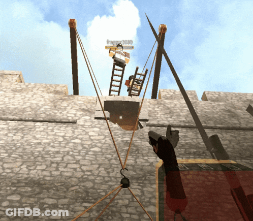 A Screenshot Of A Video Game Shows A Man On A Ladder With A Username That Starts With The Letter B GIF