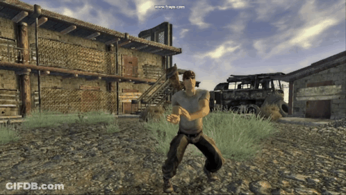 A Screenshot Of A Video Game Shows A Man Standing In Front Of A Building And A Truck GIF