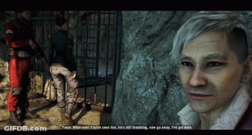 A Screenshot Of A Video Game Shows A Man Talking To A Woman Behind Bars GIF