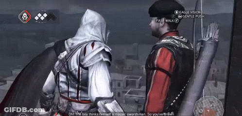 A Screenshot Of A Video Game Shows A Man Talking To Another Man GIF