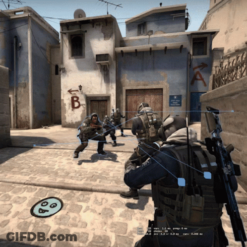 A Screenshot Of A Video Game Shows A Man With A Sniper Rifle In Front Of A Building With The Letter B On It GIF