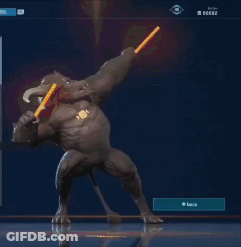 A Screenshot Of A Video Game Shows A Monster With Horns Holding Glow Sticks Up In The Air GIF