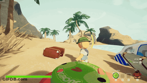 A Screenshot Of A Video Game Shows A Person Holding A Green Object That Says ' Groovy ' On It GIF