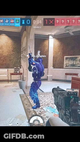 A Screenshot Of A Video Game Shows A Person Holding A Gun In A Lobby GIF