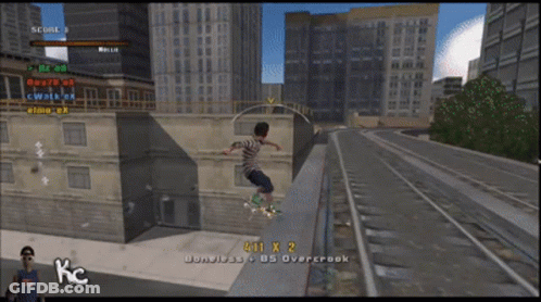 A Screenshot Of A Video Game Shows A Person Riding A Skateboard With A Score Of 447 X 2 GIF