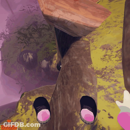 A Screenshot Of A Video Game Shows A Person 'S Feet And A Purple Background GIF