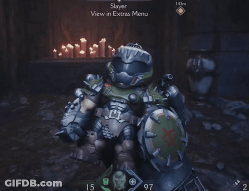 A Screenshot Of A Video Game Shows A Slayer In The Extras Menu GIF