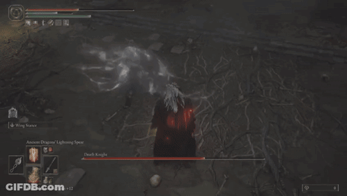 A Screenshot Of A Video Game Shows A Wing Sance Ancient Dragon Lightning Spell And Death Knight GIF