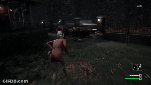 A Screenshot Of A Video Game Shows A Woman Getting Out Of A Car With The Word Yard On The Screen GIF