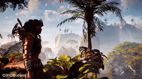 A Screenshot Of A Video Game Shows A Woman Holding A Bow And Arrow GIF