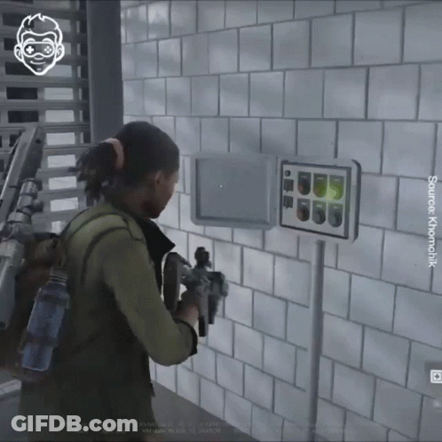 A Screenshot Of A Video Game Shows A Woman Holding A Gun In Front Of A Sign That Says Source Kromotik GIF