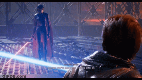 A Screenshot Of A Video Game Shows A Woman Holding A Lightsaber And A Man Looking On GIF