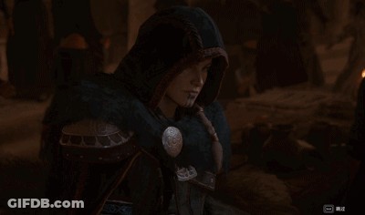 A Screenshot Of A Video Game Shows A Woman With A Hood On GIF