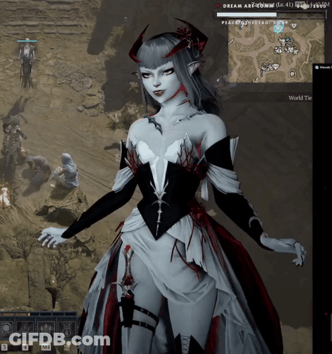 A Screenshot Of A Video Game Shows A Woman With Horns And A Sword GIF