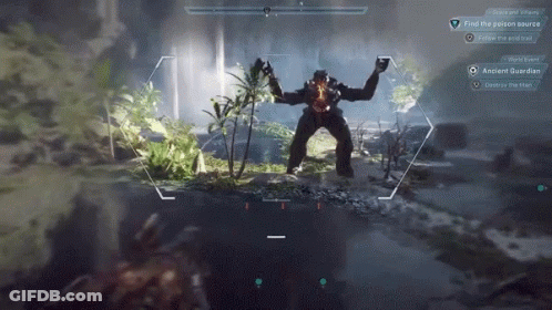 A Screenshot Of A Video Game Shows An Ancient Guardian And A Poison Source GIF