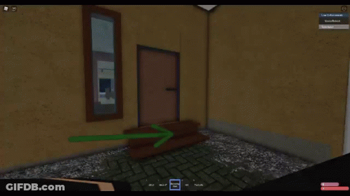 A Screenshot Of A Video Game Shows An Open Door With A Green Arrow Pointing To It GIF