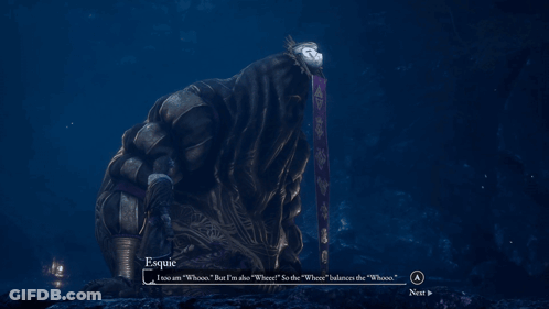 A Screenshot Of A Video Game Shows Esquie Talking To A Monster GIF