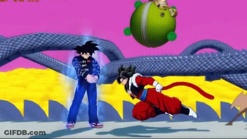 A Screenshot Of A Video Game Shows Goku And Vegetto Fighting GIF